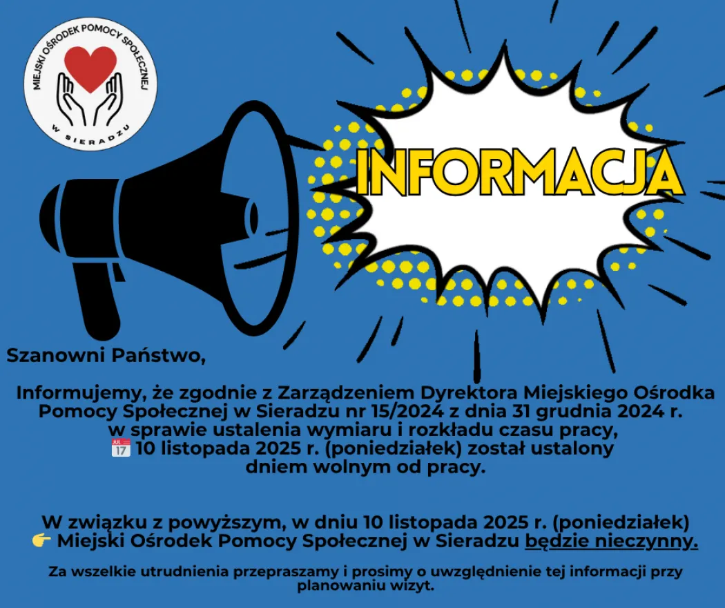 Informacja dotycząca rozkładu pracy Miejskiego Ośrodka Pomocy Społecznej w Sieradzu