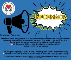 Informacja dotycząca rozkładu pracy Miejskiego Ośrodka Pomocy Społecznej w Sieradzu
